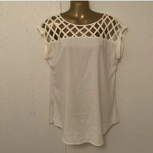 Express Size S Ivory Cream  crossed ribbons Yoke Blouse Top Cap Sleeve Medium